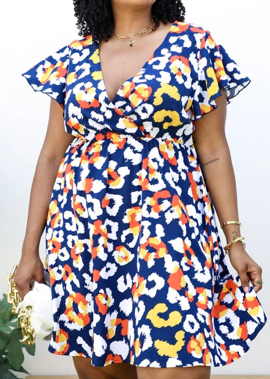 Abstract Print Ruffle Sleeve Wrap Dress (Plus Size)