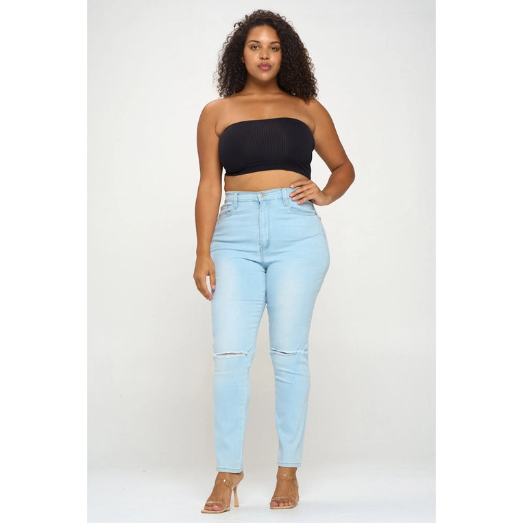 Slit Knee High Waist Jeans (Plus Size)