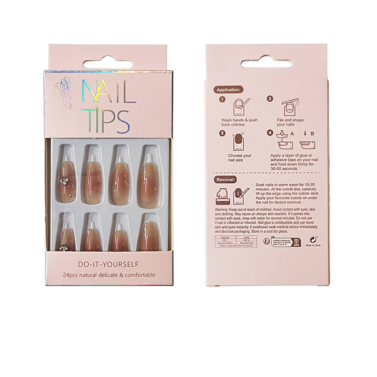 3D Rhinestone Natural Fake Nails