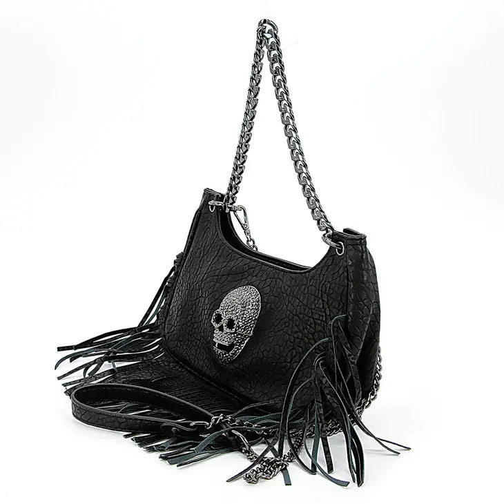 Skull Face Fringed Hobo Bag