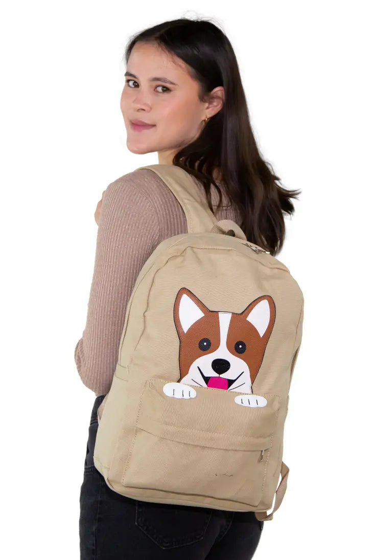 Peeking Corgi Dog Canvas Backpack
