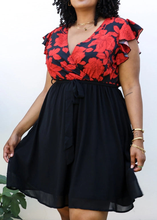 Floral Print V Wrap Ruffle Dress (Plus Size)