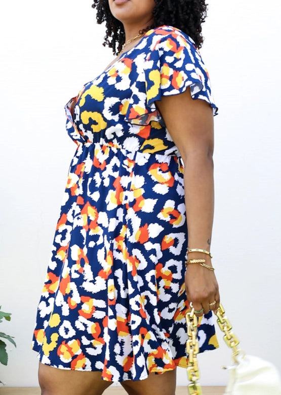 Abstract Print Ruffle Sleeve Wrap Dress (Plus Size)