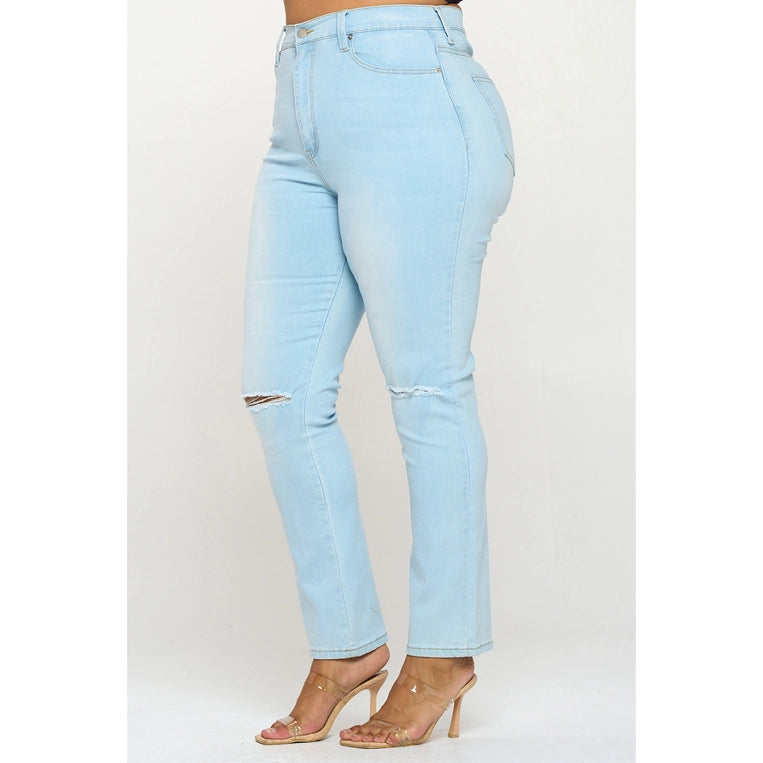 Slit Knee High Waist Jeans (Plus Size)
