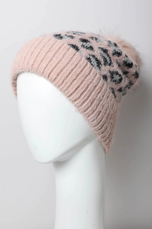Leopard Knit Beanie with Pom Pom