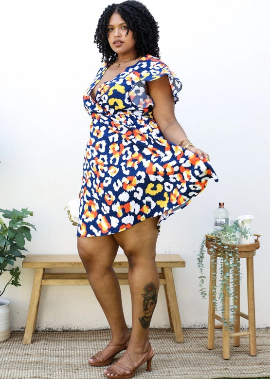 Abstract Print Ruffle Sleeve Wrap Dress (Plus Size)