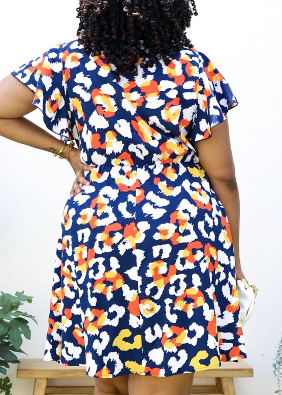 Abstract Print Ruffle Sleeve Wrap Dress (Plus Size)