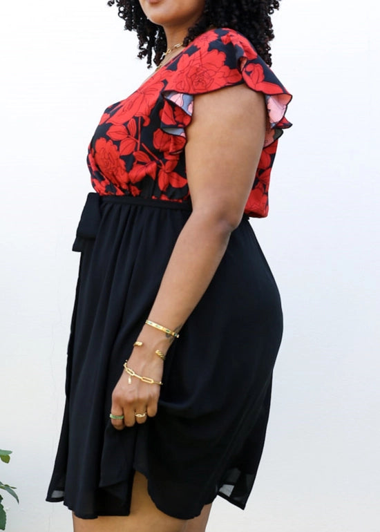 Floral Print V Wrap Ruffle Dress (Plus Size)