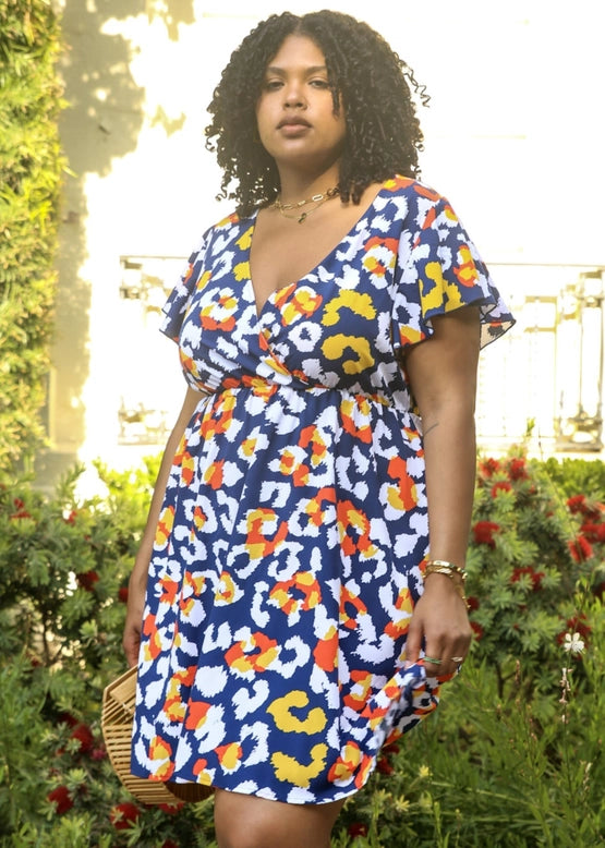Abstract Print Ruffle Sleeve Wrap Dress (Plus Size)