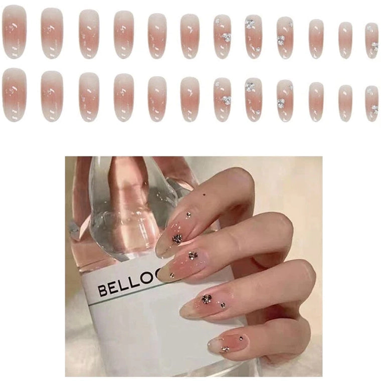 3D Rhinestone Natural Fake Nails