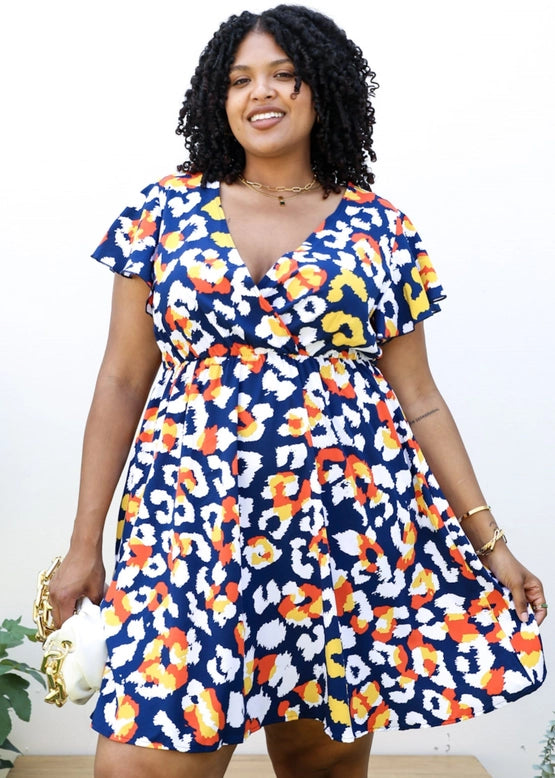 Abstract Print Ruffle Sleeve Wrap Dress (Plus Size)