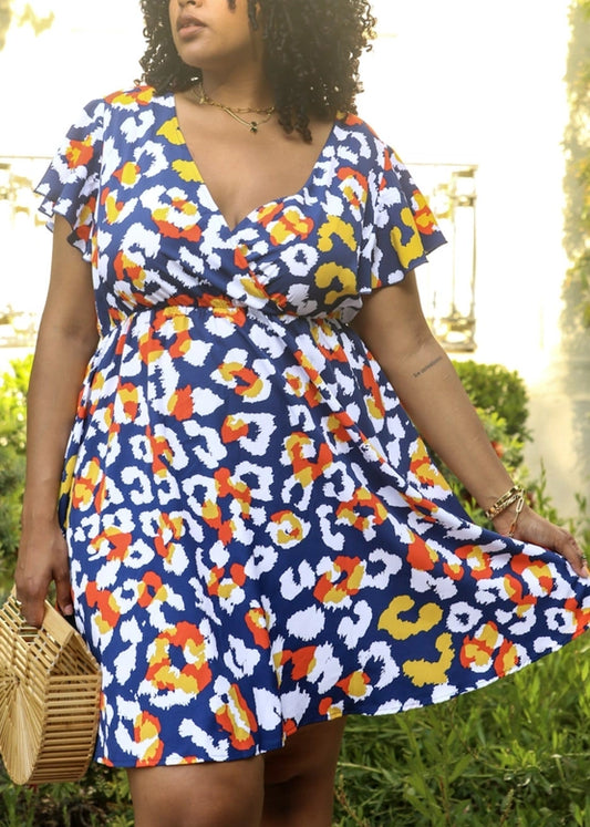 Abstract Print Ruffle Sleeve Wrap Dress (Plus Size)