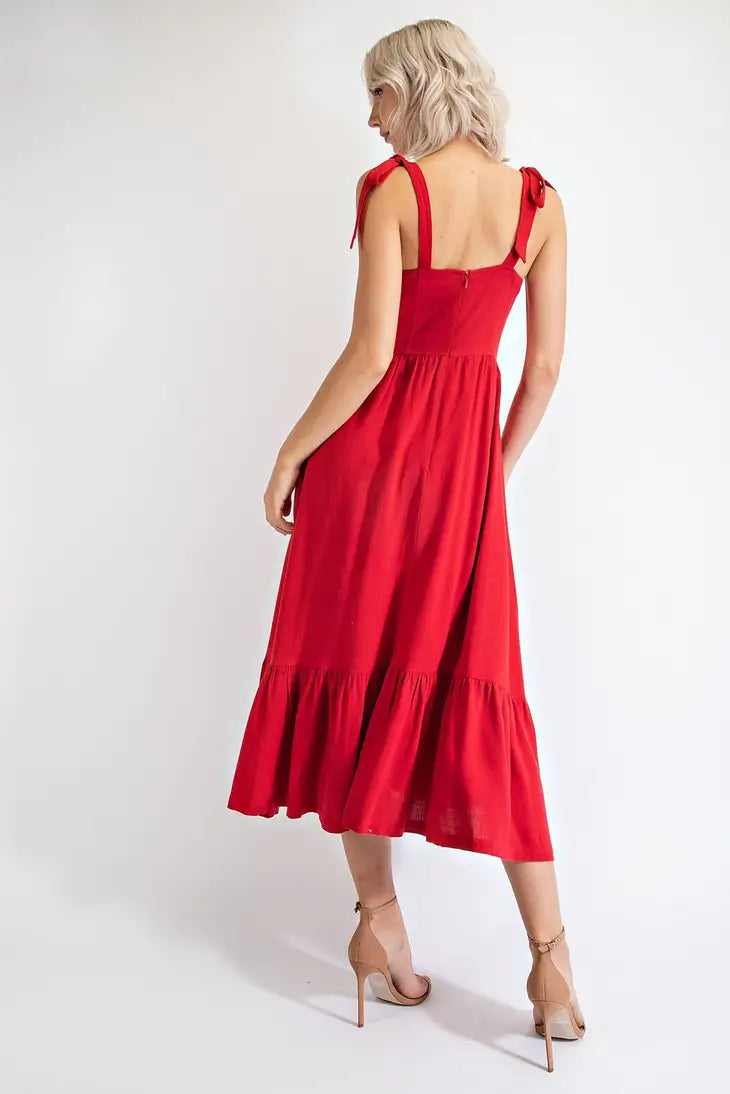 Linen Midi Dress With Adjustable Bow Tie Straps