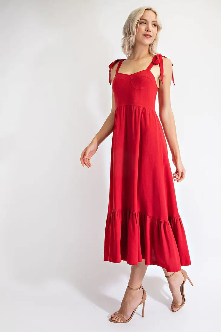 Linen Midi Dress With Adjustable Bow Tie Straps