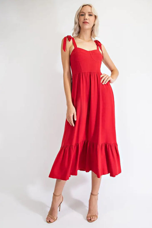Linen Midi Dress With Adjustable Bow Tie Straps