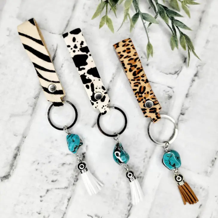 Cowhide Turquoise Tassel Keychain