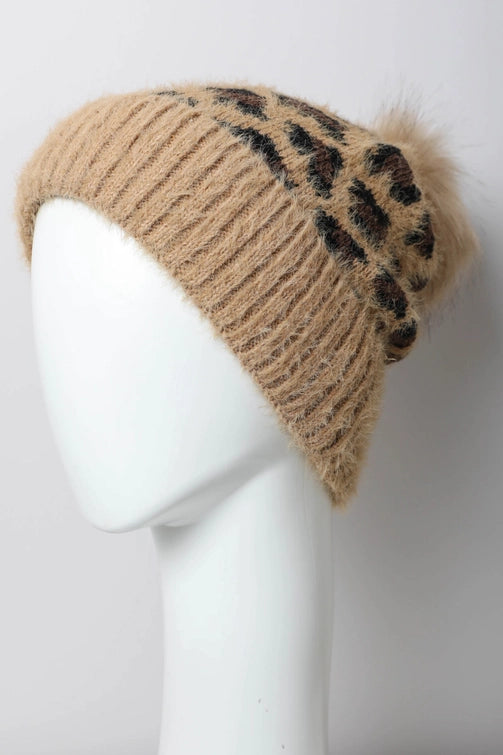 Leopard Knit Beanie with Pom Pom