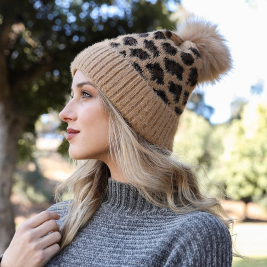 Leopard Knit Beanie with Pom Pom