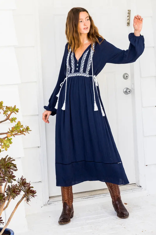 Embroidery Long Sleeve Maxi Dress